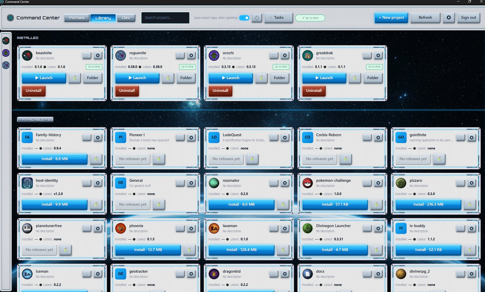 The Command Center library — project cards over the space vista