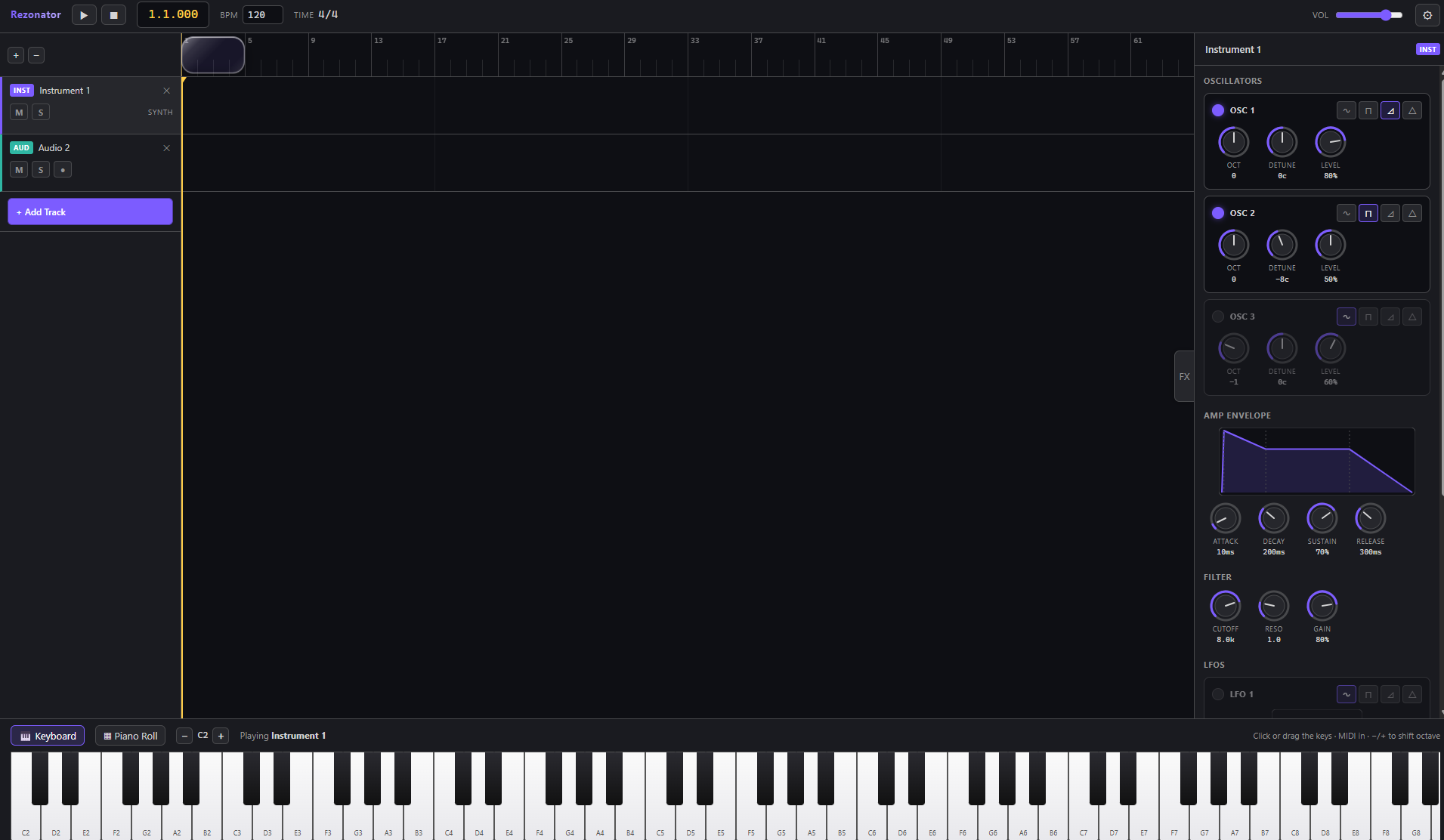 Full Rezonator studio with transport, timeline, synth editor, and on-screen keyboard