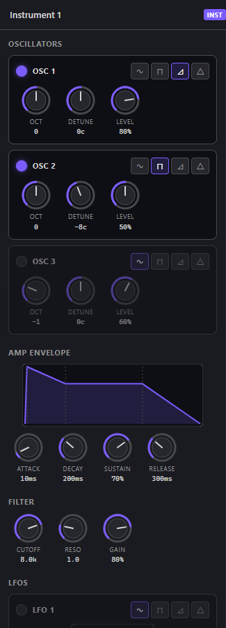 Synth patch editor with oscillators, envelope, filter, and LFOs
