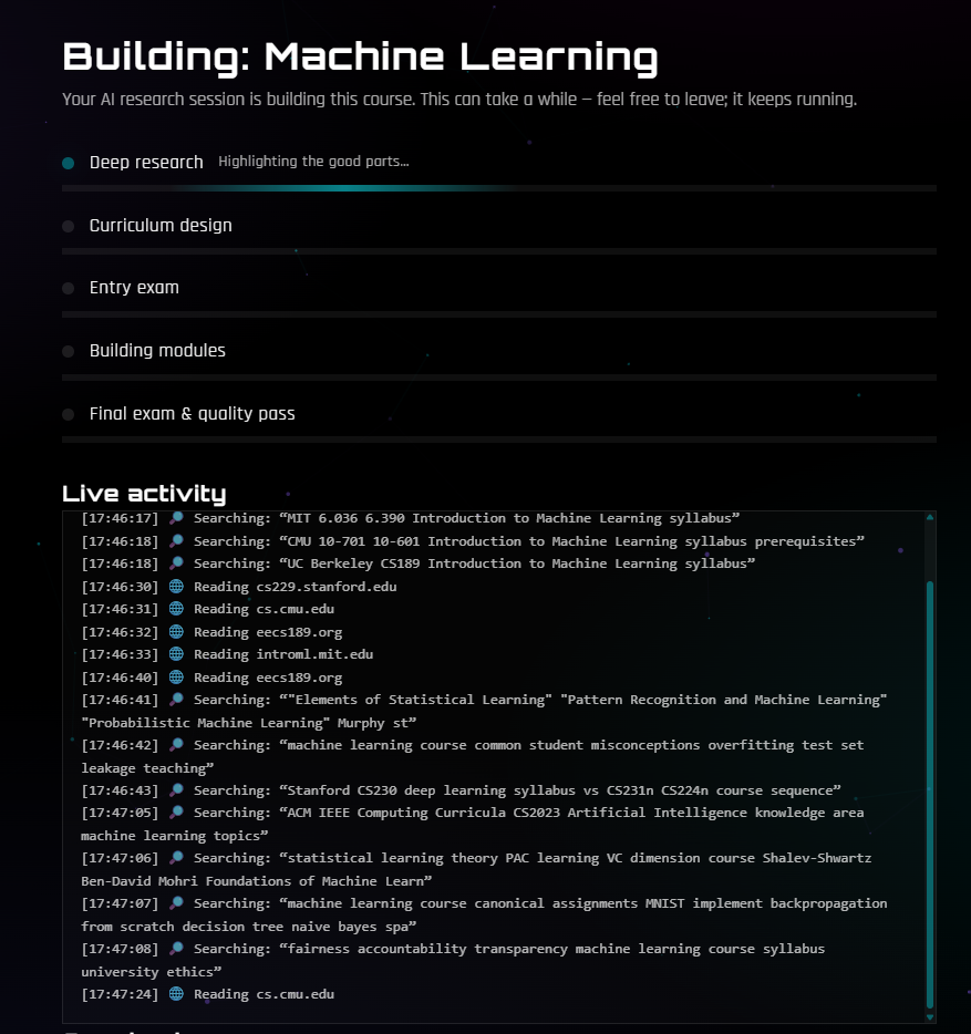 Zipgo Learn build page for a Machine Learning course — five phase progress bars and a live activity feed of the AI researching real university syllabi